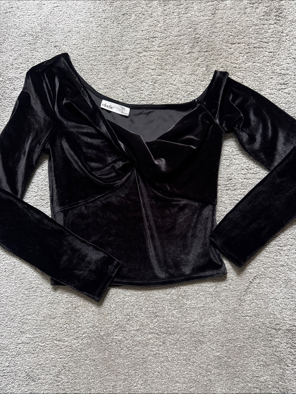 Elodie Black Velvet Long Sleeve Asymmetrical V-Neck Top Size XS